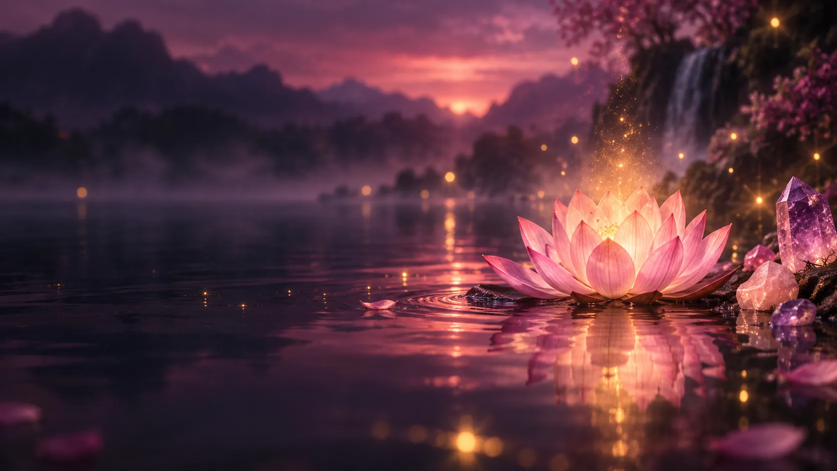 Glowing pink lotus on still water at twilight
